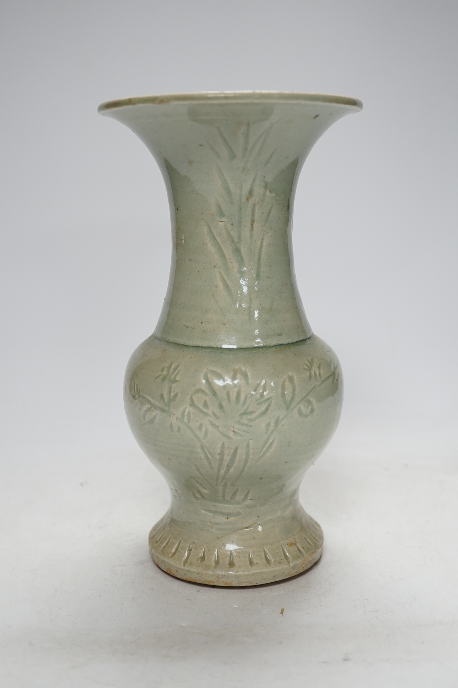 A Chinese celadon small yen-yen vase, probably Yuan dynasty, 23cm